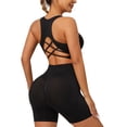 thumbnail image 2 of Vdoaml Womens Seamless Workout Set 2 Piece Outfit Ladies Crisscross Back Racerback Sports Bra and Biker Shorts L Black, 2 of 4