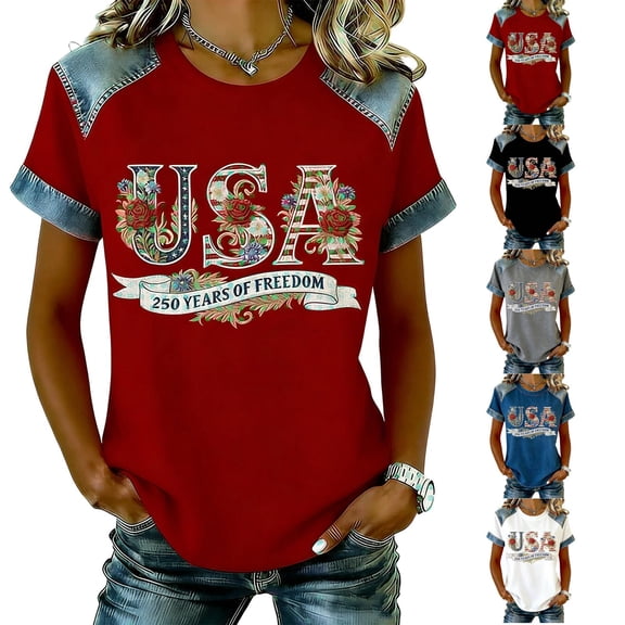 250 Anniversary USA Shirt Womens Tops Jean Shirts for Women Denim Patchwork Short Sleeve Crew Neck Shirts 1776-2026 250Th American Birthday Flower Printed Shirt Graphic Tees Black L