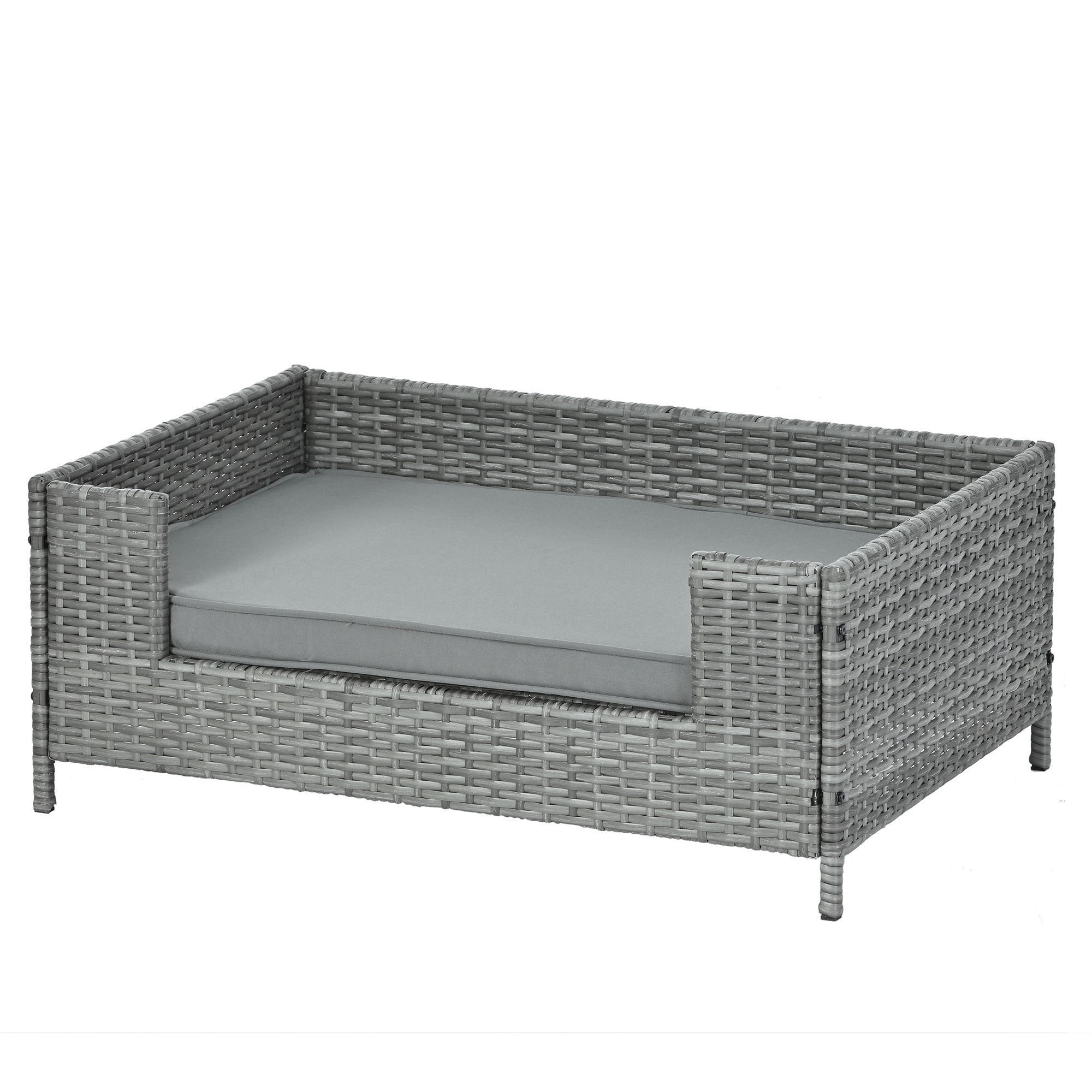 Pefilos 35" PE Wicker Dog Sofa Bed for Small Dogs Elevated Raised Rattan Pet Bed for Indoor/Outdoor with Removable Cushion Lounge, Gray