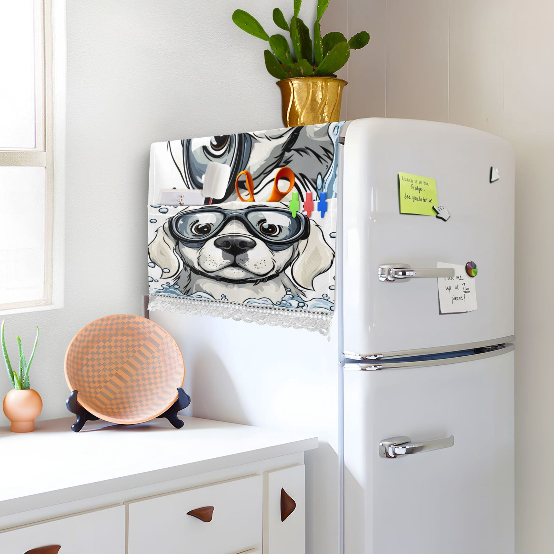 Washing Machine Cover 51.2x22in, Durable Polyester Dust Cover with Lace Trim and Side Pocket for Appliances Cartoon White Labrador