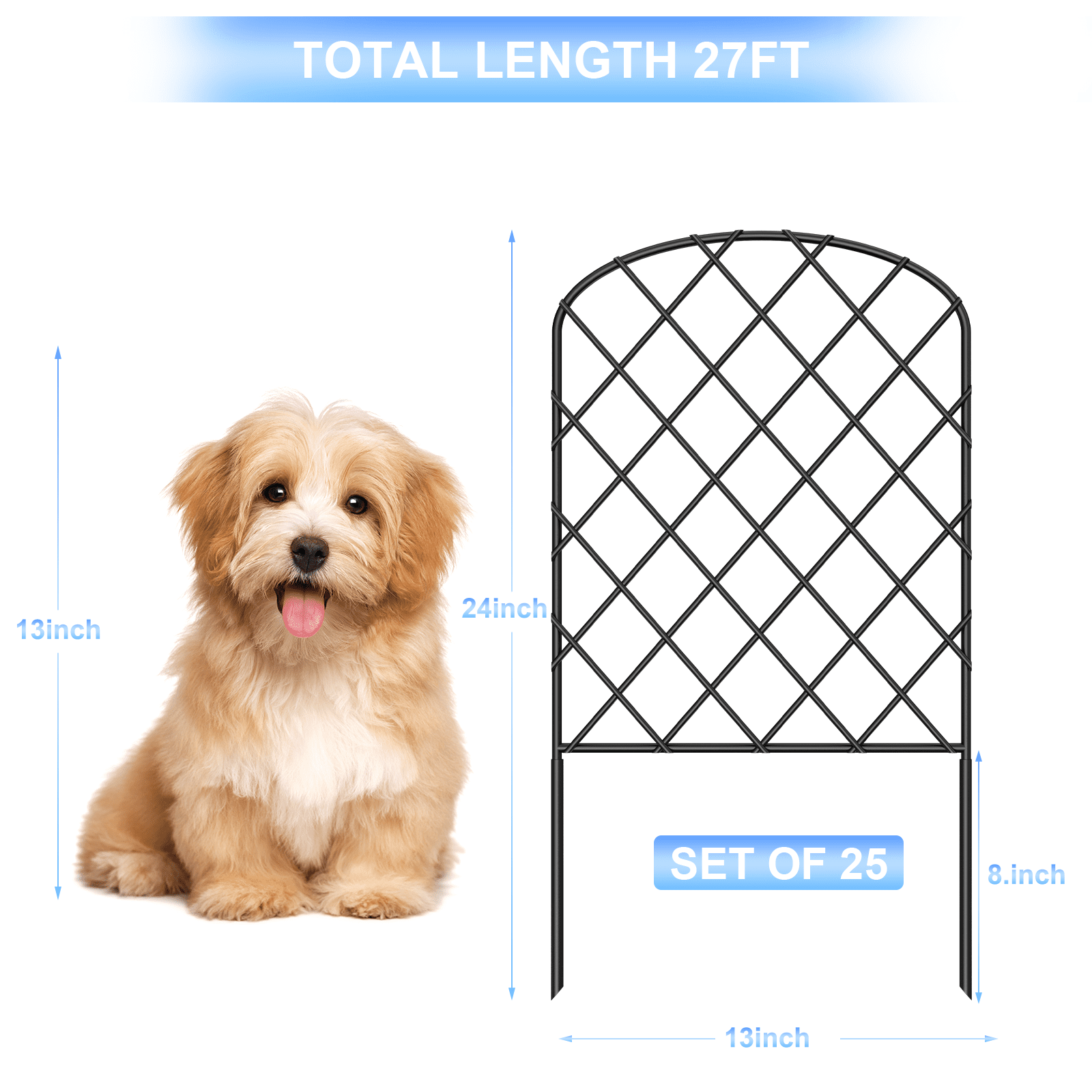 25 Pack Decorative Garden Fence, 27 Ft. Total Length x 24 In. High, Animal Barrier Border, Stainless Steel Wire Fence Panels for Outdoor Patios, Gardens, Courtyards, Patio, Rhombus