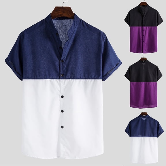 Hinvhai Linen Shirt for Men Collarless Button Down Short Sleeve Shirts Cotton Beach Casual Summer Shirts White 8(XL)