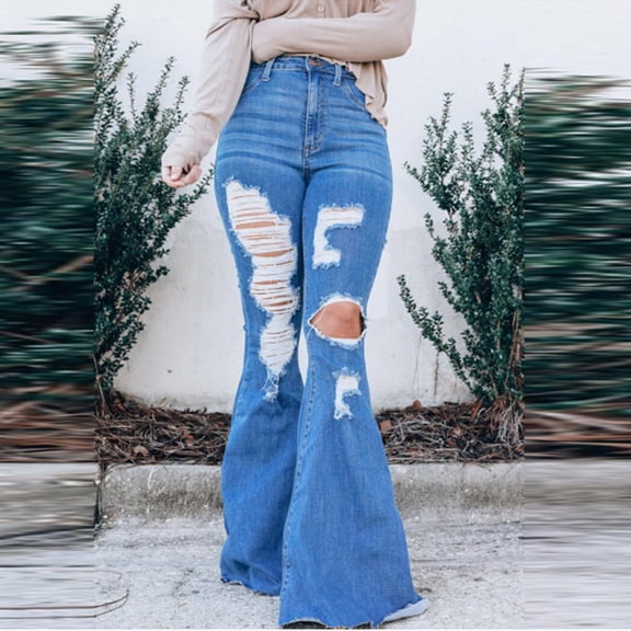 Daqian Jeans for Women Plus Size Fashion Women Long Pants Casual Distressed Pants High Waist Flare Pants Womens Jeans Clearance Blue 12(XXL)