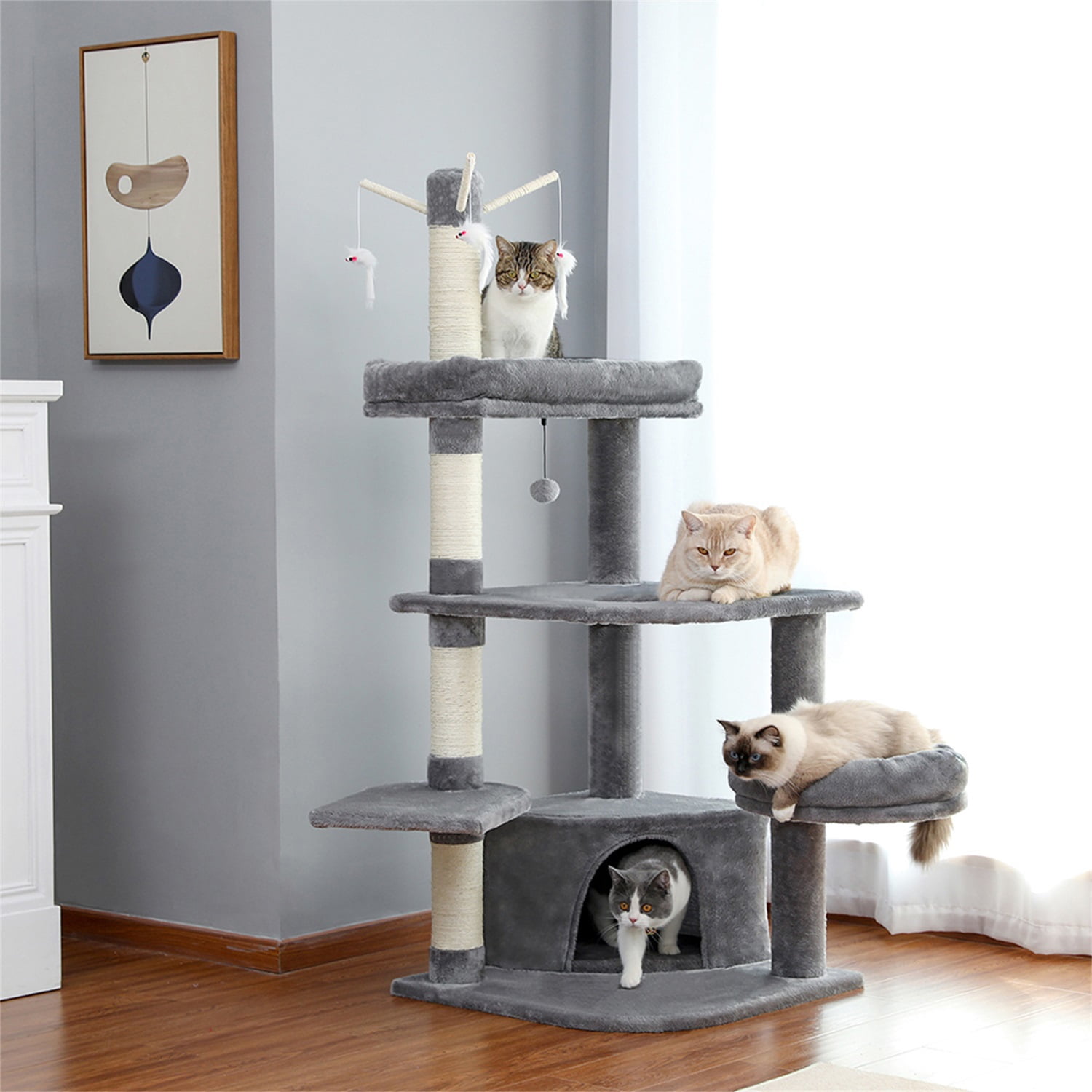 Pefilos Cat Tree for Indoor Cats Large with Scratching Post and Hanging Bed Cat Condo for Multiple Cats, Cat Tree Tower for Outdoor, Gray Pefilos Cat Tree for Indoor Cats Large with Scratching Post and Hanging Bed Cat Condo for Multiple Cats, Cat Tree Tower for Outdoor, Gray