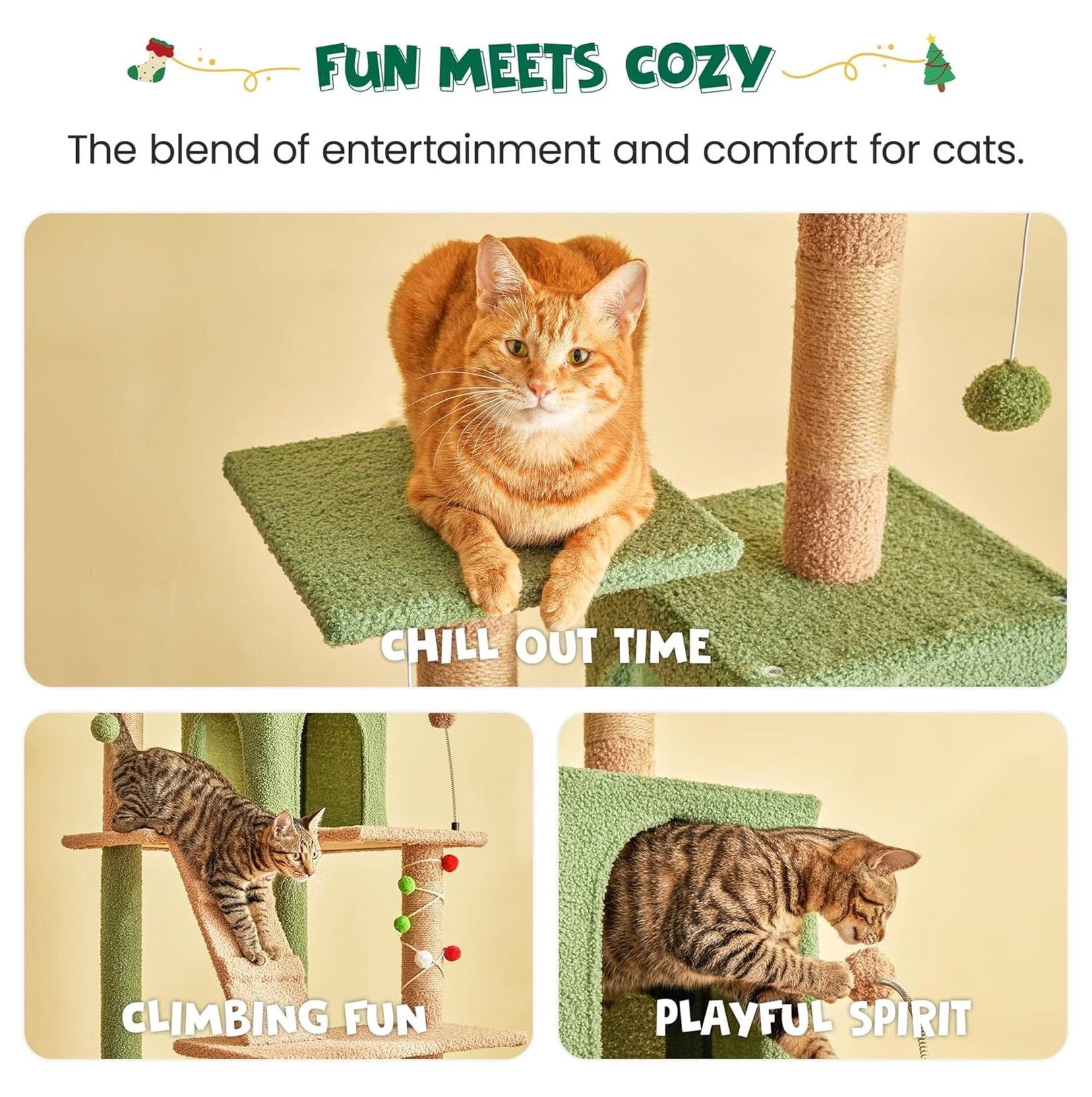 Cat Tree 63.8 Inches Green, Multi-Level Cat Tower with Scratching Posts, Hammock & Toys