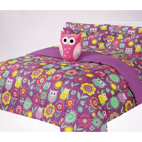 Comforter for kids in TWIN size with matching sheet set and pillow plush toy super soft easy wash girl boy bed décor owl purple print design