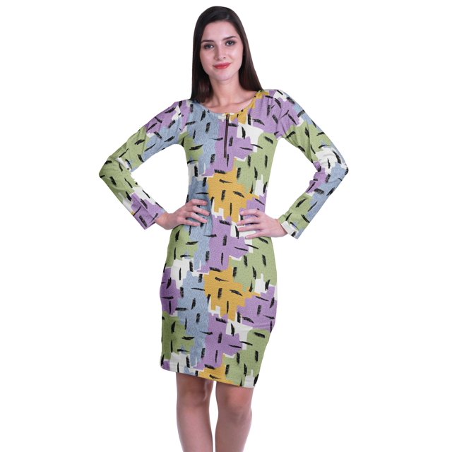 Moomaya Robe Moulante Imprimée pour Femmes à Manches Longues, Longueur Midi