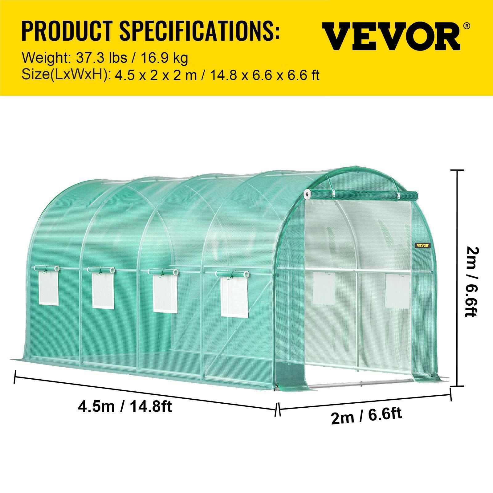 Walk-in Tunnel Greenhouse, 14.8 x 6.6 x 6.6 ft Portable Plant Hot House w/ Galvanized Steel Hoops, 1 Top Beam, Diagonal Poles, Zippered Door & 8 Roll-up Windows, Green