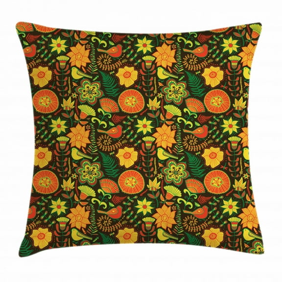 Garden Throw Pillow Cushion Cover, Ornamental Nature Wildlife Pattern with Birds and Summer Flowers Scroll Art Design, Decorative Square Accent Pillow Case, 20 X 20 Inches, Multicolor, by Ambesonne