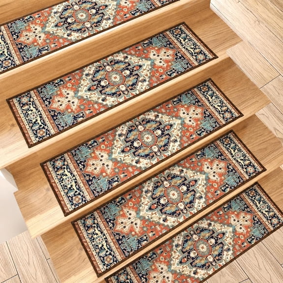 Stair Treads for Wooden Steps Indoor, 15 Pack 8" X 30" Non Slip Carpet Stair Treads with Adhesive for Elders and Dogs, Boho Oriental Stair Runner