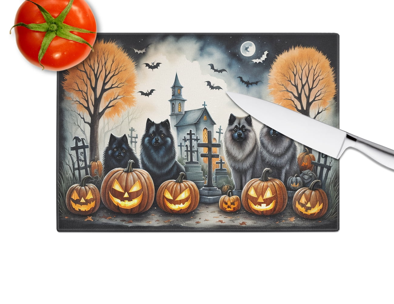Keeshond Spooky Halloween Glass Cutting Board Large 12 in x 15 in