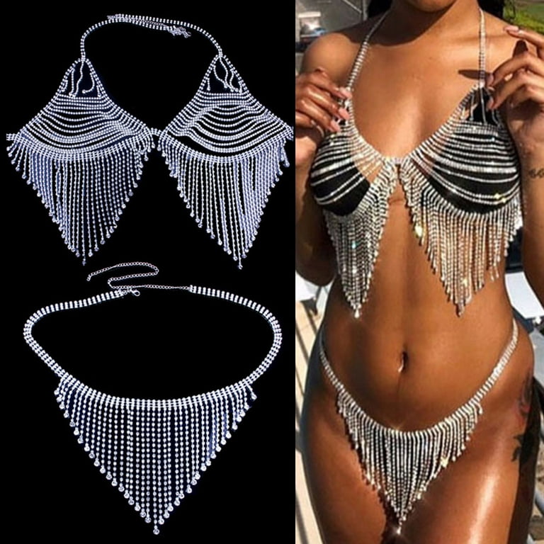 Shiny Rhinestone Bra Chain Jewelry Silver or Gold Body Chain Tassels  Sequins Bra Bikini