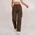 thumbnail image 4 of Pants for Women Women's Baggy Cargo Pants Ndbuld Fashion Pants Women Ladies Solid-color Stretch Belt Long Pants String Button Pockets Pants Trousers Coffee XL, 4 of 9
