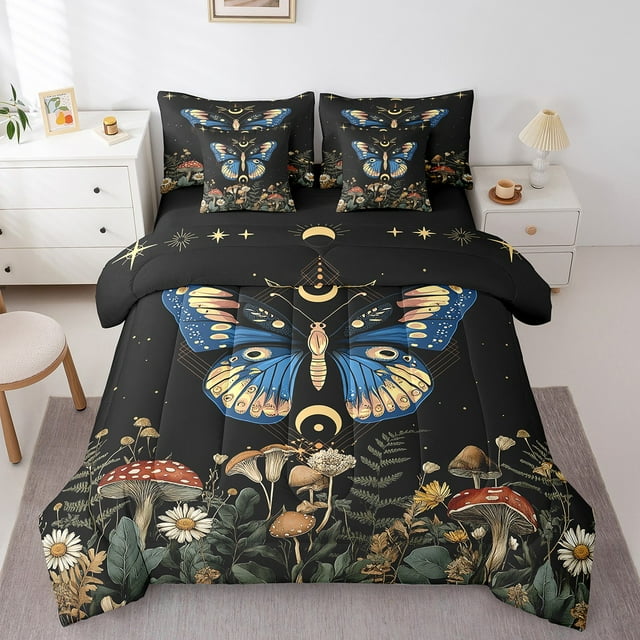 YST Trippy Butterfly 7 Pieces Bedding Set Blue Gothic Moth, 7-Piece, Bohemian, Queen Size