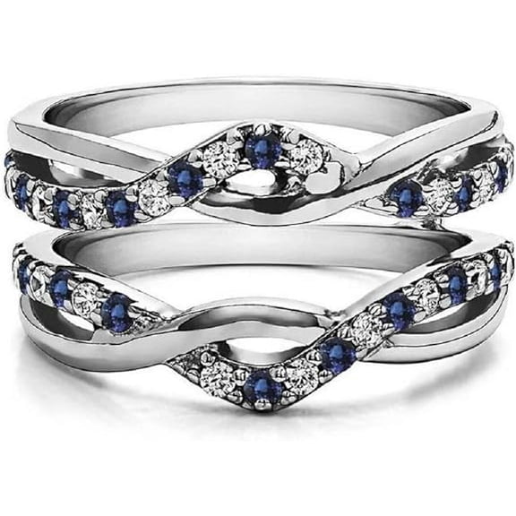 beryl_creation 925 Sterling Silver 2.30 Ct Round Cut Blue Sapphire & Diamond Wrap Enhancer Guard Engagement Wedding Ring 14K White Gold Plated For Women's -6.5