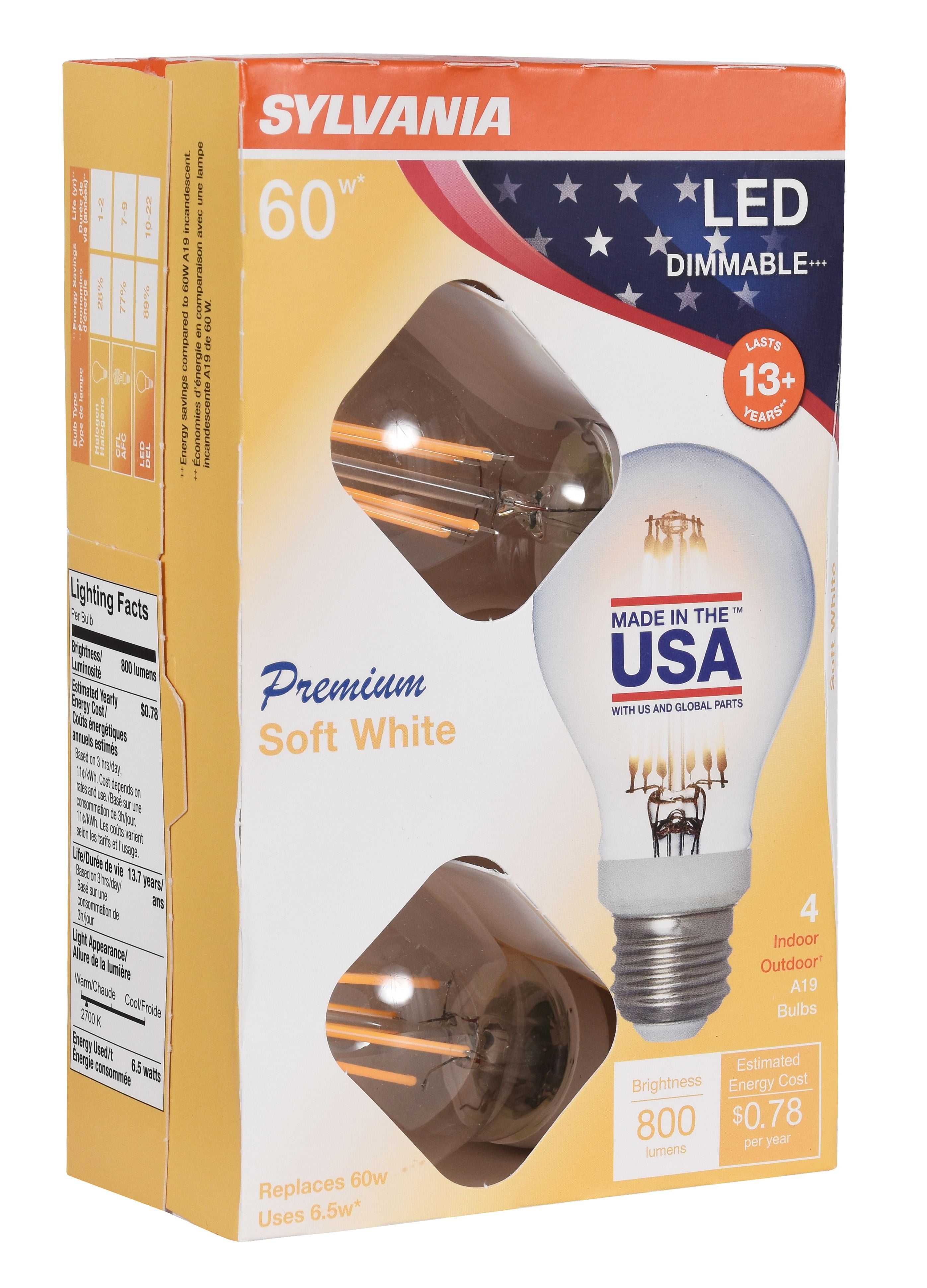 Sylvania LED A19 Light Bulb, 60 Watt, Dimmable, Soft White, 4 Pack