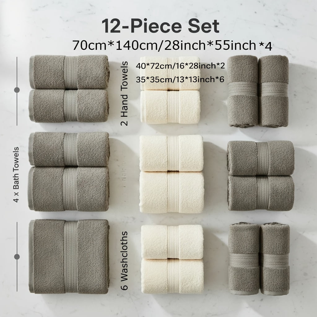 Set of 12 Luxurious Cotton Towels, Including 4 Bath Towels, 2 Hand Towels, And 6 Washcloths. These Towels Are Highly Absorbent, Quick-Drying, And Soft, Making Them Perfect for Home, Hotel, Spa