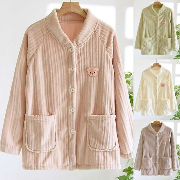 Antinious Pajama Tops for Women Solid Flannel Thick Warm Long Sleeve Casual Sleepwear Soft Comfy,Sleep Shirts for Women,Women Tops,Pink,XL