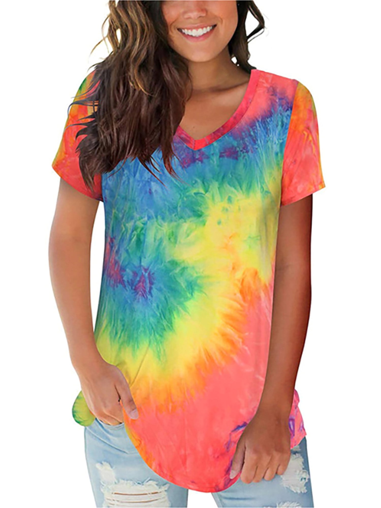 niemand plotseling overdrijving DanceeMangoo Womens Blouse Tops Tie Dye Print T-Shirt Short Sleeve Casual  Loose V-Neck Tops Blouses Szie S-3XL - Walmart.com