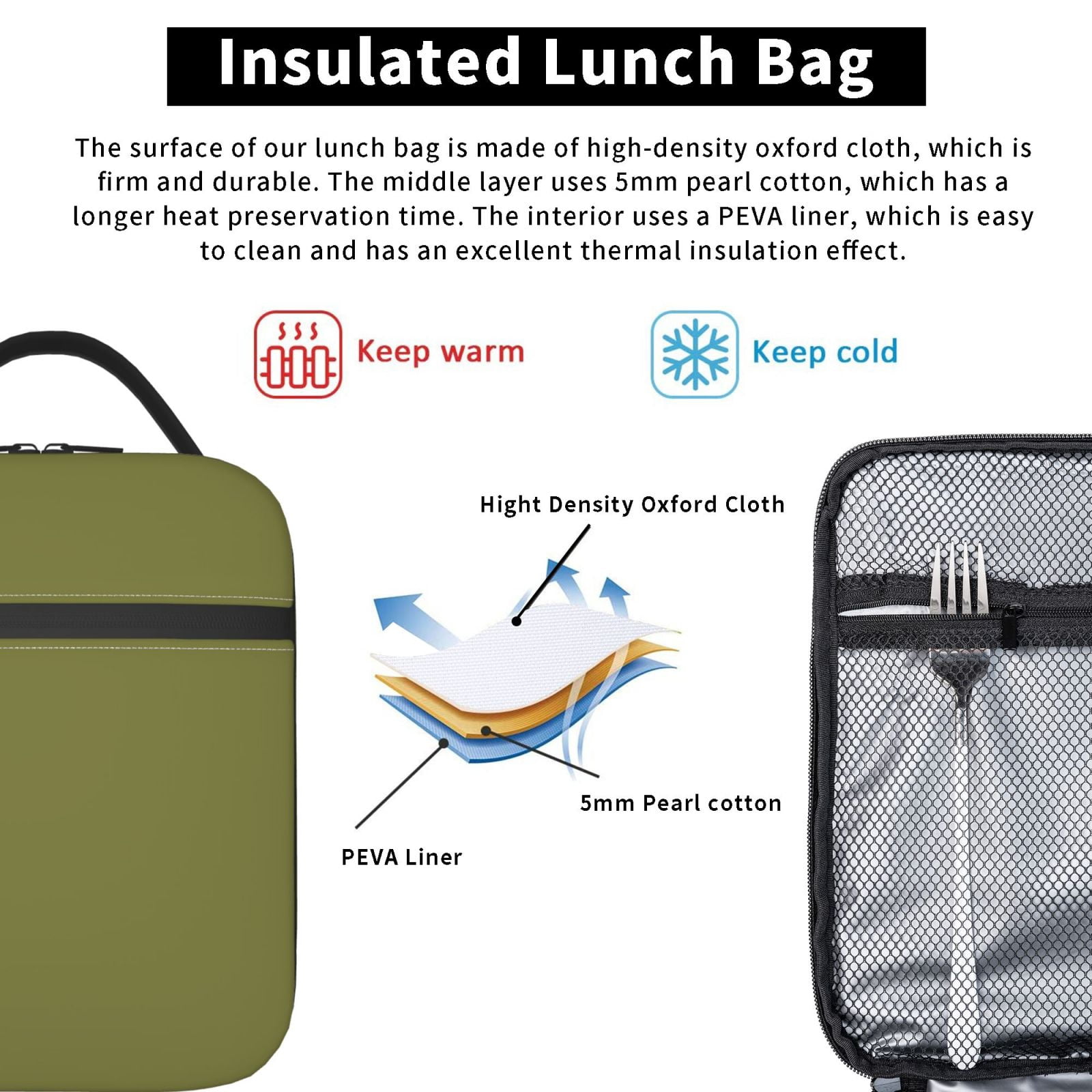 Lunch Bag For Women Men Insulated Portable Lunch Box Bento Box Office Picnic Travel Cooler Bag Army Green