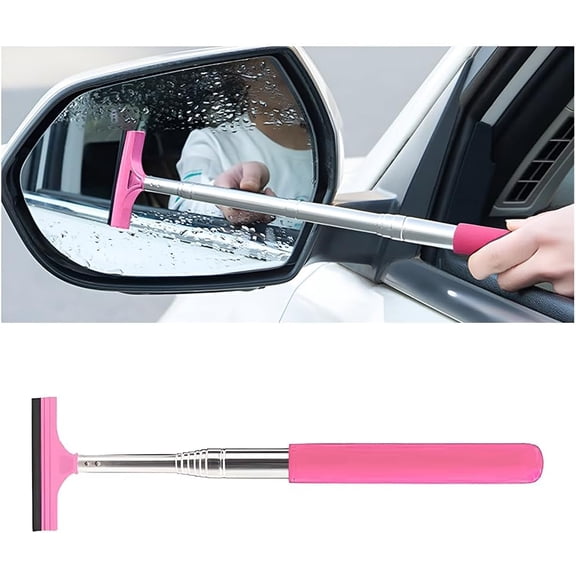 Car Side Mirror Squeegee, Anti-Fog & Water Retractable Vehicle Rearview Mirror Wiper with Telescopic Long Handle, Portable Auto Glass Cleaning Tool, Universal Fit (Pink)