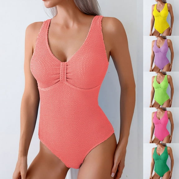 UTSJKR Women One Piece Swimsuit Trendy Casual Summer Solid Ribbed Monokini Swimwear Classic V Neck Low Back Bathing Suit Green 8