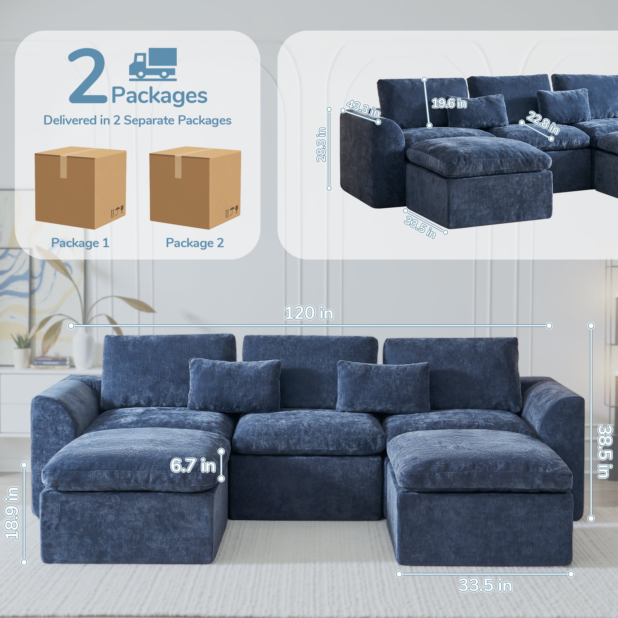YINIX 120" Modular Sectional Sofa with Movable Ottomans, U-Shaped Couch for Living Room, No Assembly Required, Blue