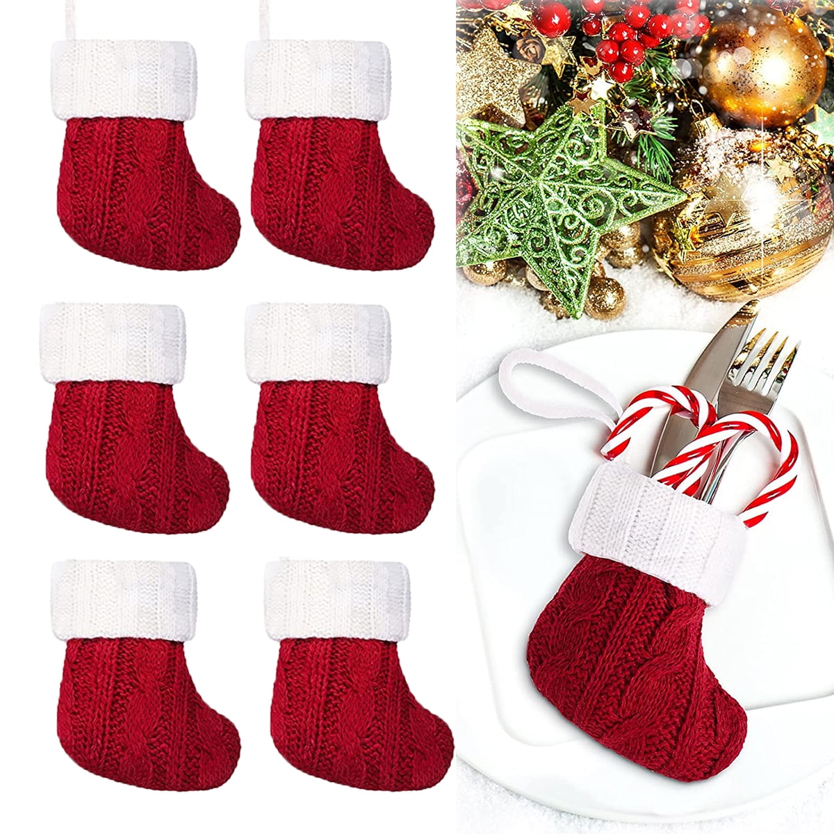 6PCS Christmas Mini Stockings Knitted Xmas Classic Stocking Small ...