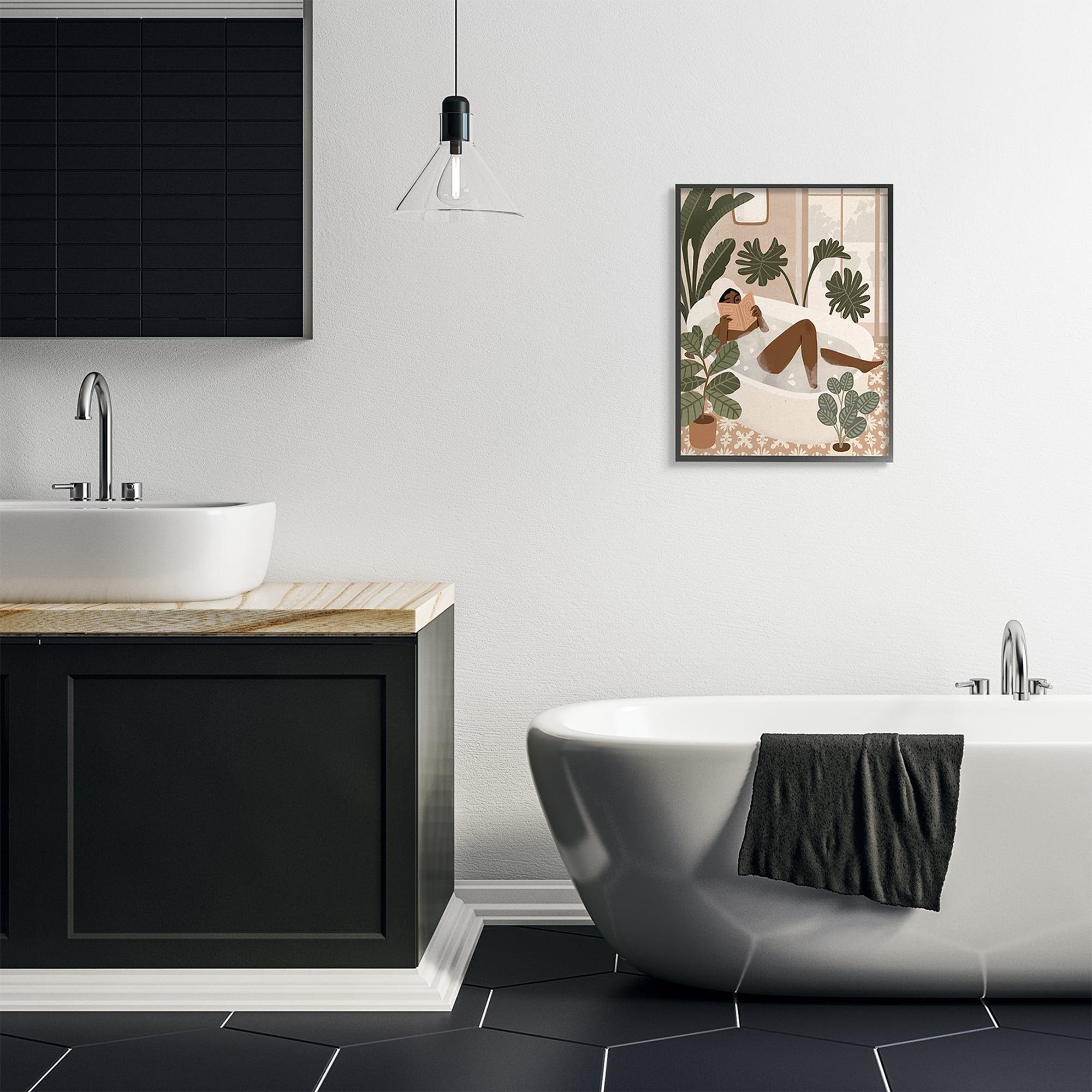 Stupell Industries Female Reading in Bath Tropical Palm Plants Black Framed, 24 x 30, Design by Victoria Barnes