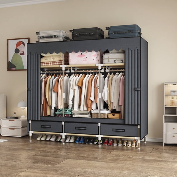 59Inch Portable Closet Organizer and Storage with 3 Hanging Rods, 3 Drawers & 3 Storage Shelves, Easy to Assemble Wardrobe for Bedroom, Grey