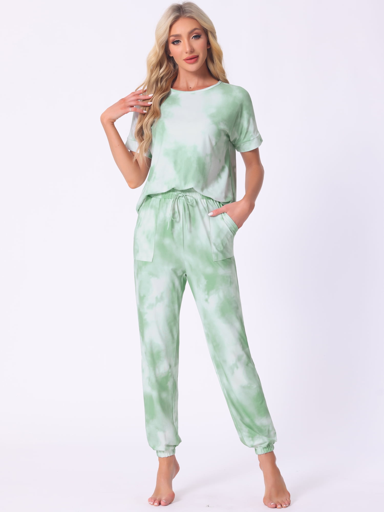 DARING DIVA Women's Tie Dye T-shirts with Pants Pajamas Set L Green