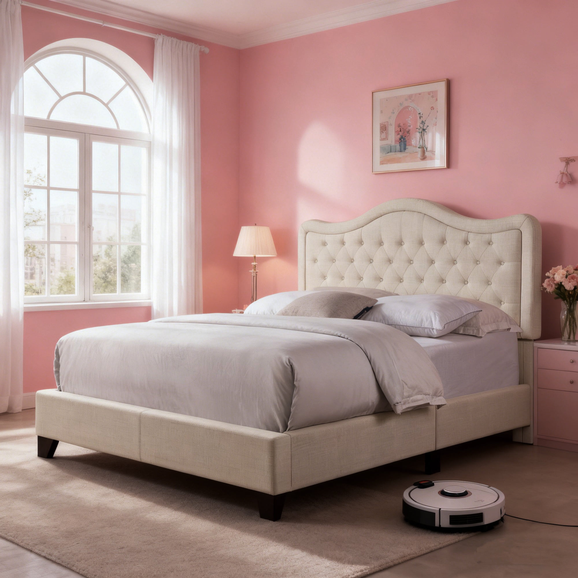 Gewnee Twin Size Bed Frame with Adjustable Headboard,Linen Upholstered Platform Bed Frame with Strong Wooden Slats,Mattress Foundation,Box Spring Required,Beige