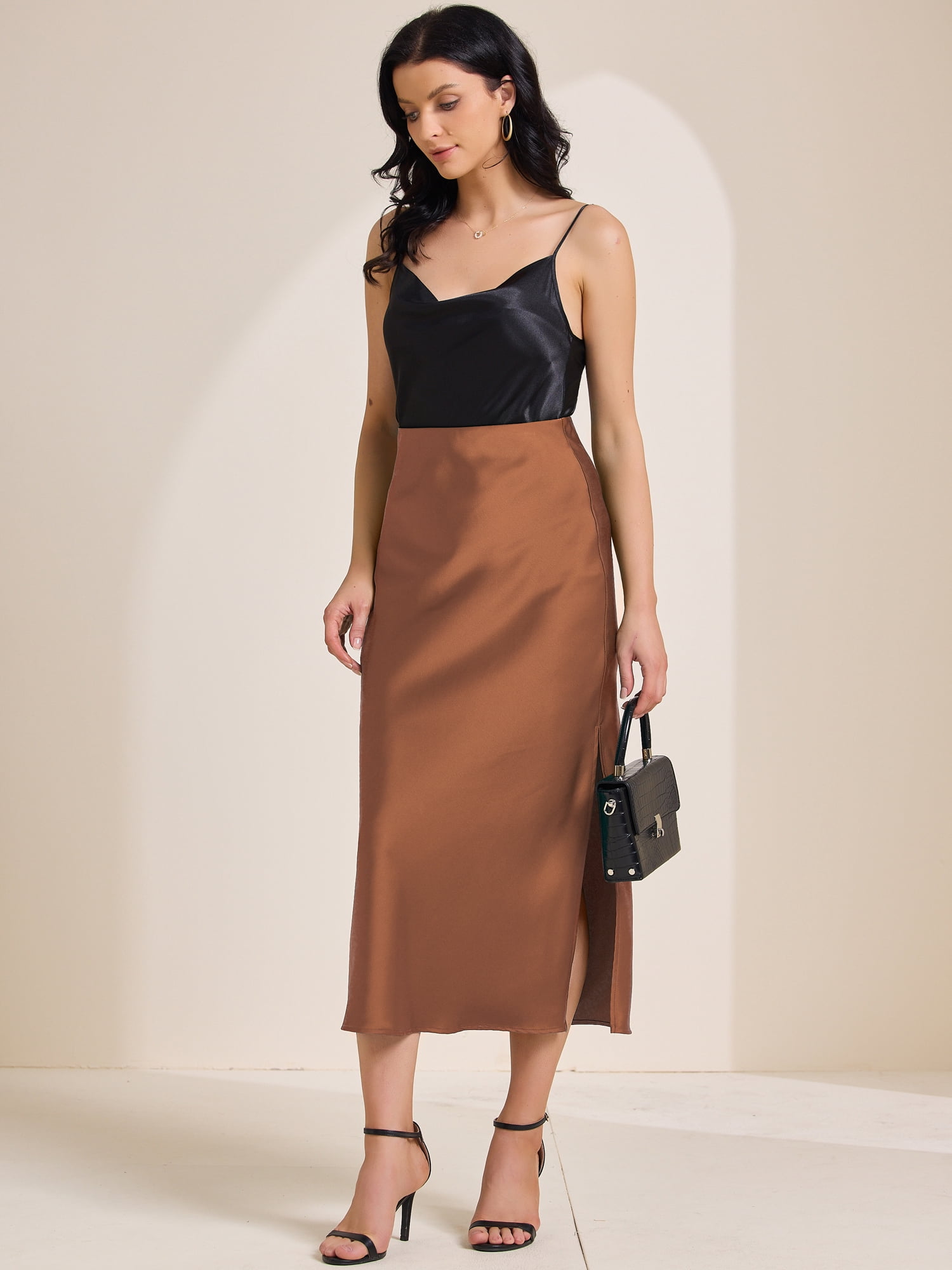 DARING DIVA Women's Satin High Waist Elastic Waist Split A Line Midi Skirts L Brown