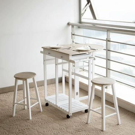 Kitchen Bar Sets Kinbor 3PCS Dinning Set Table Rolling Kitchen Island Trolley Cart Set Breakfast Bar Cart Drop-Leaf Folding Table w/2 Stools and 2 Drawers ()