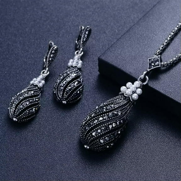 GKNET Vintage Style Women Black Rhinestone Necklace Dangle Earring Delicate Jewelry Set