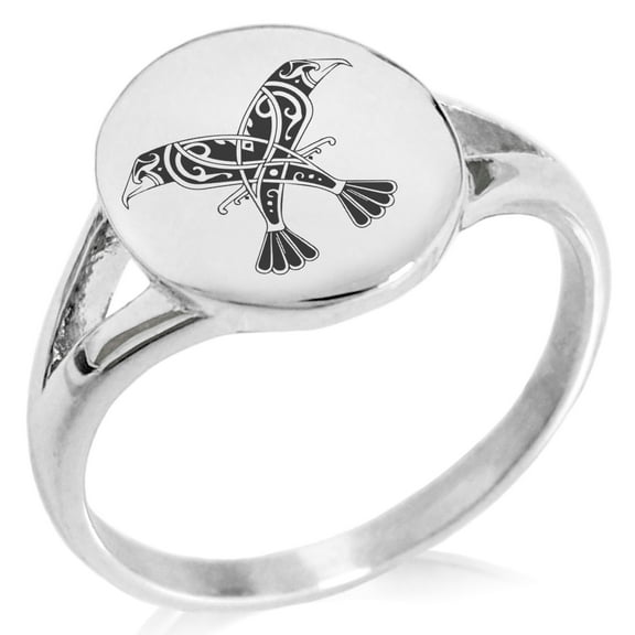 Stainless Steel Huginn & Muninn Odin's Twin Ravens Minimalist Oval Top Polished Statement Signet Ring