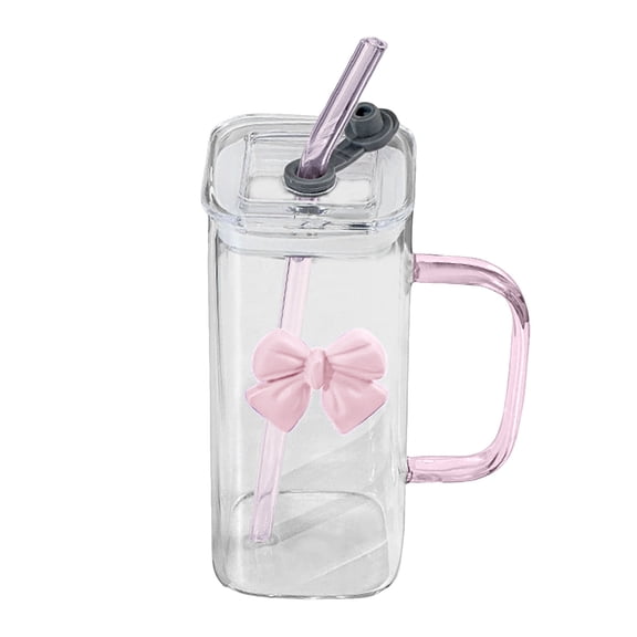 400ml Bow-Decorated Water Cup with Handle, Made of Glass, with Straw And Lid, Transparent Body, Valentine'S Day Gift for Her,Valentine'S Day Gift, Valentine'S Day Home Decoration.