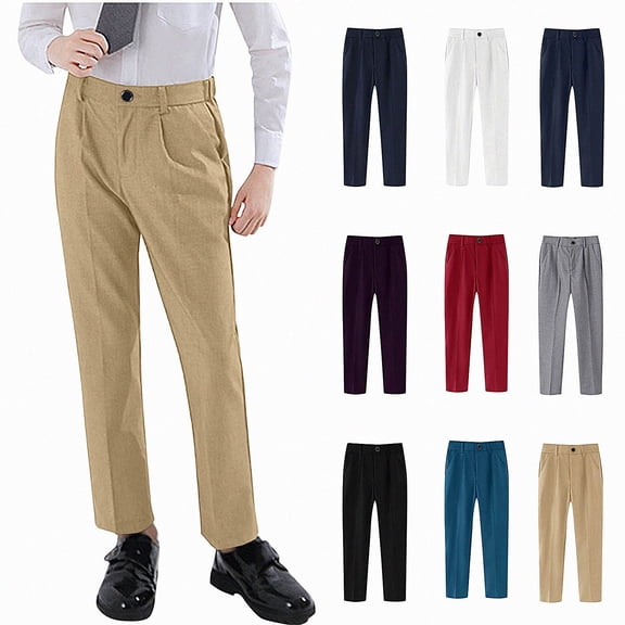 Teylalorva Pants for Boys Suit Trousers Elastic Waist With Pocket Party Performance (2-18) Khaki Size 2T