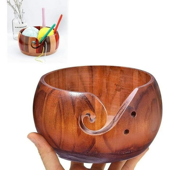 Vixolx Wooden Yarn Bowl, 6 x 3 Inches Knitting Yarn Bowls with Holes Crochet Bowl Holder Handmade Yarn Storage Bowl for DIY Knitting Crocheting Accessories