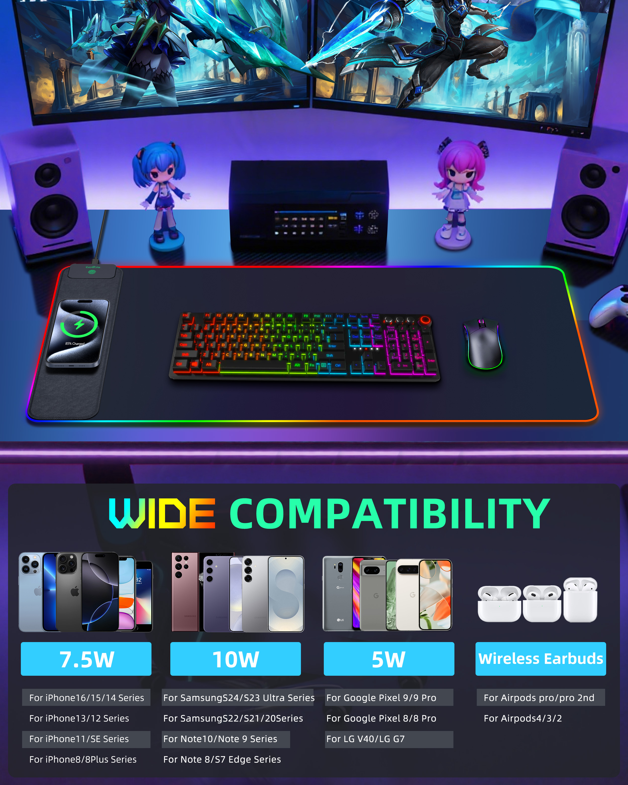 Extrelife RGB Gaming Mouse Pad with Magnetic Wireless Charger, 11 Lights Modes, LED Mouse Mat 15W Fast Charging for Home, Office, School