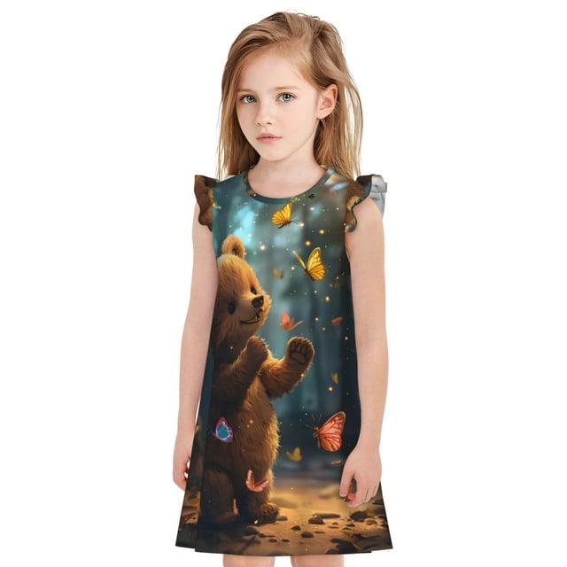 Balery Cute Butterfly Bear Camisón de princesa para niñas, pijama de algodón con mangas abullonadas, suave y bonito.-X-Large