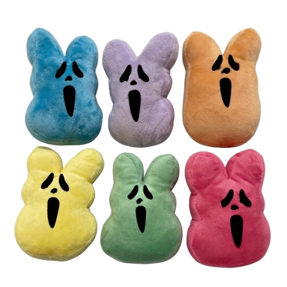 6-Piece Scream Ghost Face Bunny Plush Set, 6" Horror Stuffed Bunny Plush Toy, Adorable Plushie Pillow, Ideal Birthday Halloween Easter Basket Stuffers for Kids, Girls and Boys