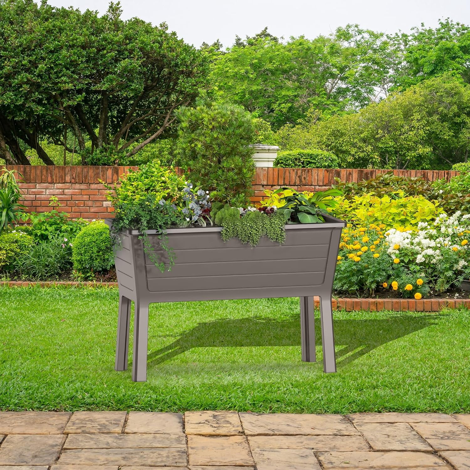 Raised Garden Bed with Wheels – Resin Planter, Waterproof & UV-Resistant for Outdoor Flowers, Vegetables & Herbs (Shallow coffee, 1 Pack)