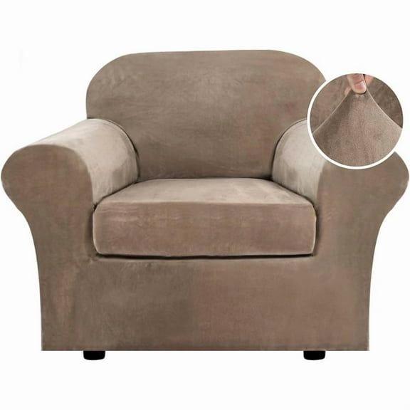2 Piece Sofa Covers Velvet for Cushion Couch Stretch Loveseat Slipcover with Individual Seat Elastic Furniture Protector for Pets- tan