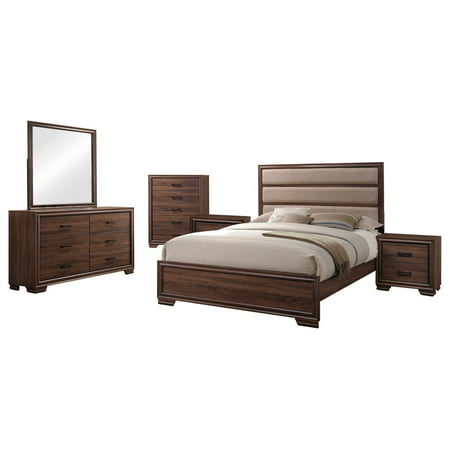 Carina 6 Piece Bedroom Set, King, Chocolate Wood & Faux Leather, Contemporary (Upholstered Panel Bed, Dresser, Mirror, Chest, 2