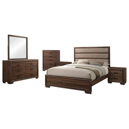 Carina 6 Piece Bedroom Set, King, Chocolate Wood & Faux Leather, Contemporary (Upholstered Panel Bed, Dresser, Mirror, Chest, 2 (Best Full Size 9mm Under 500)