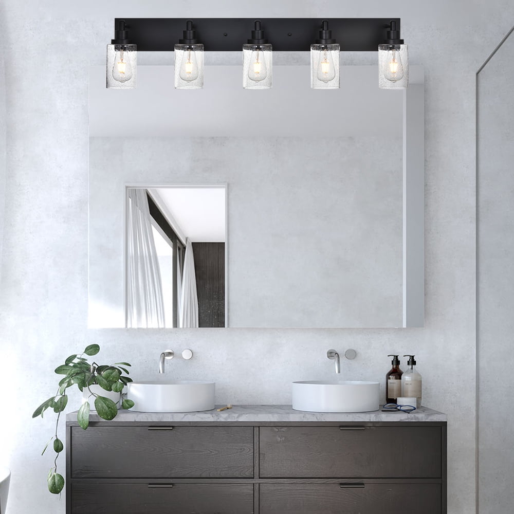 MELUCEE 5-Light Farmhouse Bathroom Light Fixtures Black Finish with Seeded Glass Shade