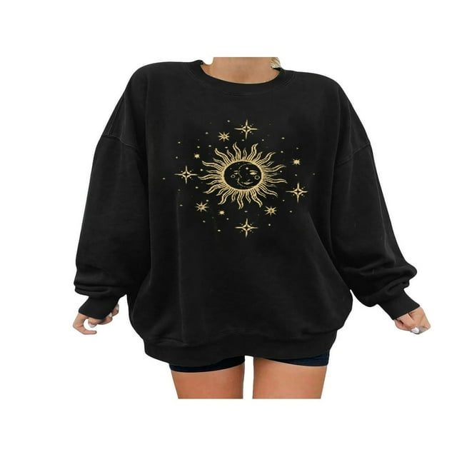 Long-Sleeved Fall Pullover Simple Sun and Moon Print Sweatshirt Casual Oversized Loose Sweater Top,Beige