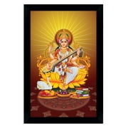 IBA Indianbeautifulart Indian Goddess Saraswati With Her Veena Sitting On Lotus Picture Frame Auspicious Hindu Goddess Of Knowledge Poster With Frame Wall Decor For Home/ Office/ Temple
