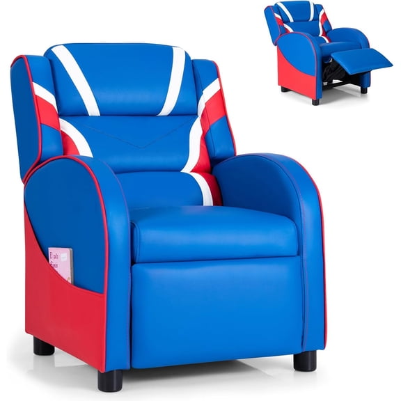 Kids Recliner, Kids Gaming Recliner Chair w/Adjustable Backrest & Footrest, 2 Side Pockets, Leather Armchair for Nursery, Bedroom,  Toddler Chair Sofa for Boys & Girls (Blue)